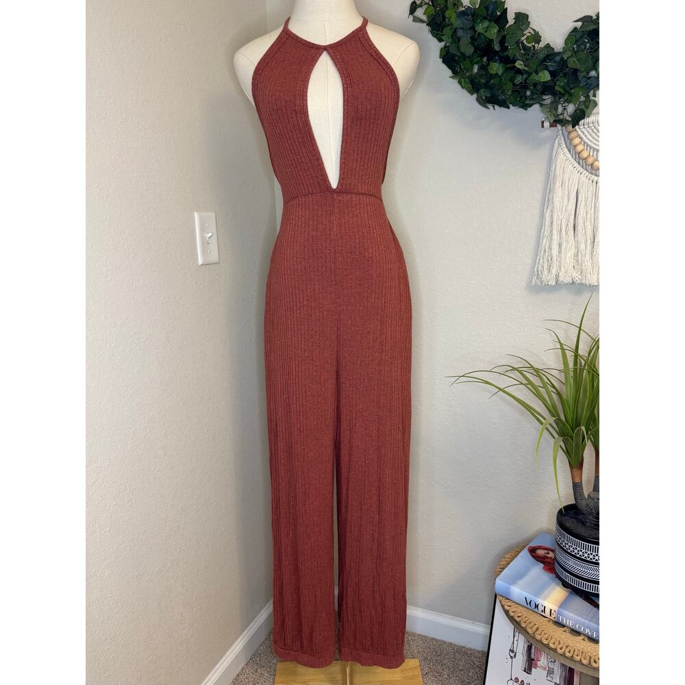 Free People Movement Ribbed Knit Halter Cut-Out Jumpsuit sz S